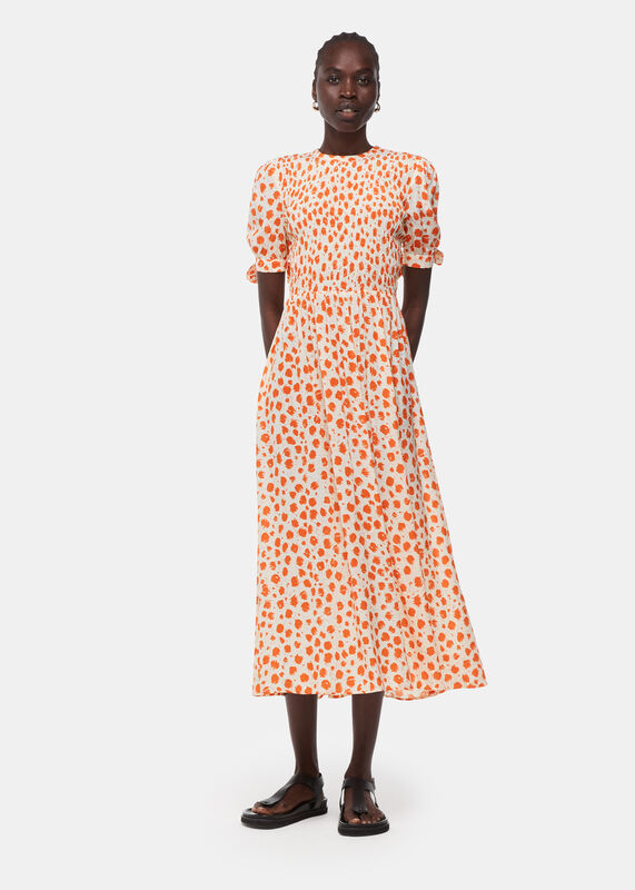Orange Spot Shirred Midi Dress